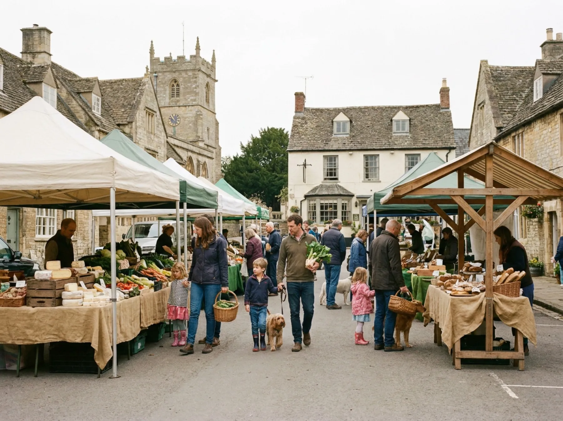 Stalls and shoppers at a Saturday market